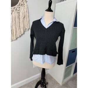 Ann Taylor Business Casual Gray Cable Knit Sweater Blue Button-up Layered Look S